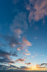 Fantastic thunderclouds at sunrise, vertical panorama