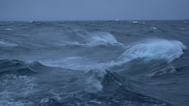 Storm. High waves. White foam on wind. Side view low on water. Wind breaks waves. Splashes