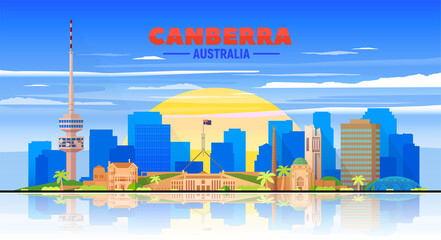 Canberra Australia skyline with panorama in white background. Vector Illustration. Business travel and tourism concept with modern buildings. Image for presentation, banner, web site. - obrazy, fototapety, plakaty