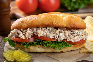 Tuna salad lettuce and tomato submarine sandwich - 504163482
