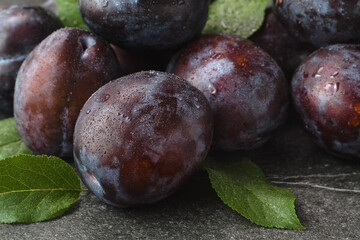 Close up of fresh purple plums with drops on stone table, selective focus.
