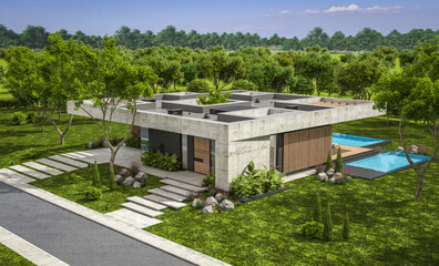 Obraz premium 3d rendering of new concrete house in modern style with pool and parking for sale or rent and beautiful landscaping on background. The house has only one floor. Summer sunny day with clear blue sky.