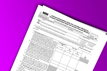 Form 8866 documentation published IRS USA 43323. American tax document on colored
