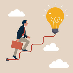 Creativity for business idea, career path or goal achievement, businessman start walking on electricity line as stairway to big idea lightbulb.
