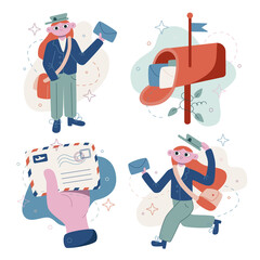 Set vector flat cute cartoon illustrations. Express delivery. The postman delivers letters.