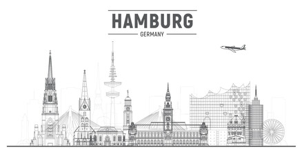 Fototapeta na wymiar Hamburg Germany line skyline vector illustration on white background. Business travel and tourism concept with modern buildings. Image for presentation, banner, web site.