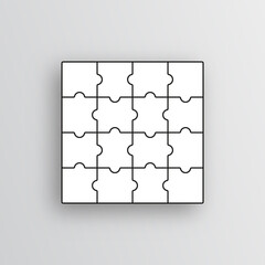 Square puzzle pieces grid. Jigsaw outline grid. Mosaic silhouette with 16 details. Scheme of thinking game. Modern background with separate shapes. Cutting template. Simple frame tiles. Vector