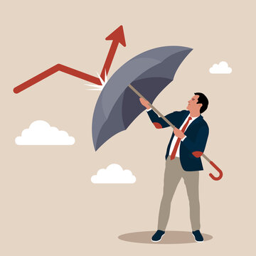 Economic recovery from crisis, business protection or stock market bounce back from recession concept, smart confidence businessman holding strong umbrella to recover red arrow economic graph