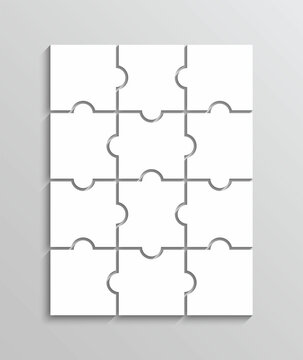 Puzzle pieces. Jigsaw grid template. Thinking mosaic game with 3x4 shapes. Simple textured background. Laser cut frame with 12 separate details. Vector illustration. Success concept.