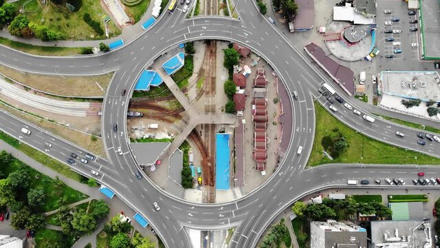 Roundabout Traffic Of Cars Circle Ring Road Aerial Top View