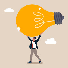 Сreativity and innovation to change or invent new product, solution to solve problem, discover new idea concept, excited businessman carrying big lightbulb idea goes to invent new product.