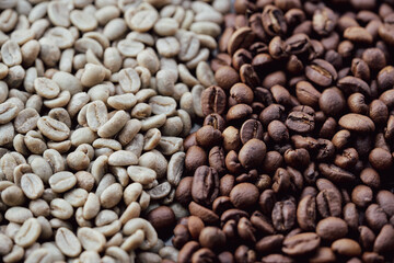 Natural raw and brown roasted coffee beans