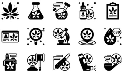Set of Vector Icons Related to Cannabis . Contains such Icons as Cannabis, Bong, Cannabis Oil, Cbd Oil, Vape, Inhaler and more.