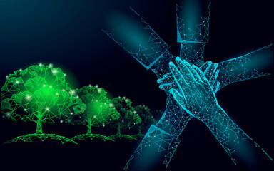 Save planet nature environment grow life eco. People together work on solution polygon triangles low poly vector illustration