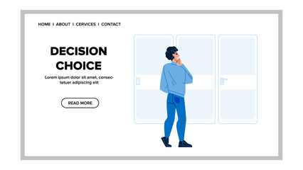 Decision Choice Making Young Man Thinker Vector. Decision Choice Make Businessman, Choosing Door Way And Direction. Character Brainstorming And Think For Choose Doorway Web Flat Cartoon Illustration