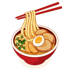 Japanese noodles ramen with chopsticks (miso ramen noodles) isolated illustration vector.