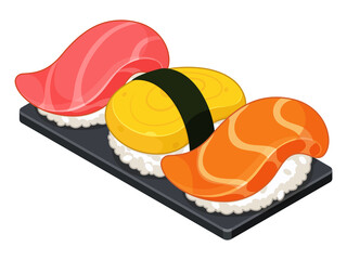 Japanese nigiri sushi on black platter boards (Sushi rice) illustration vector. (salmon, mackerel, and sweet egg)