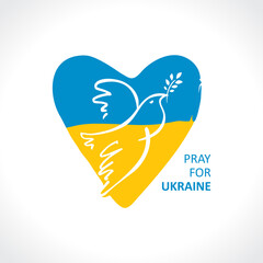 Pray for Ukraine. Flying bird as a symbol of peace on the background of the heart colors of the ukrainian flag. The concept of peace in Ukraine. Vector illustration.
