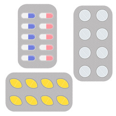 A set of blister packs of tablets in different colors. Aspirin antibiotics or painkillers