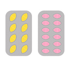 Blister packs of tablets capsules in different colors. Aspirin antibiotics or painkillers