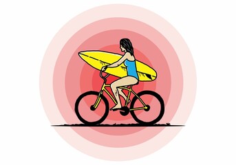 illustration of a woman going surfing on a bicycle
