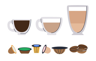 Three cups of different coffee. Capsules for coffee machines and three coffee beans. Set of flat vector illustration. Eps10