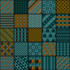 Patchwork in dark colors with square geometric patterns. Vector drawing.