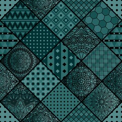 Patchwork in dark colors with geometric and mandala patterns. Vector design.