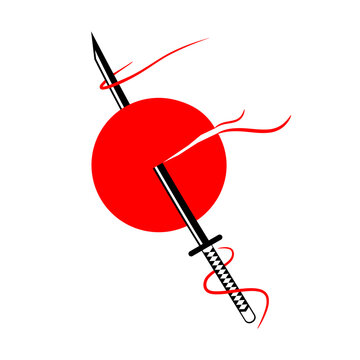 Katana Sword Samurai Ronin Slash Red Circle Japanese Style Tattoo Flat Vector Icon Design.