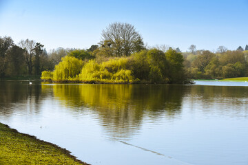 View over a park lake with reflections of trees in the water