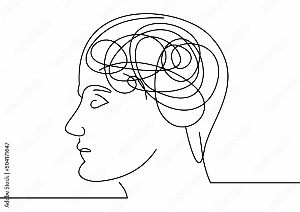Poster vector concept confusion in the head.one continuous line drawing