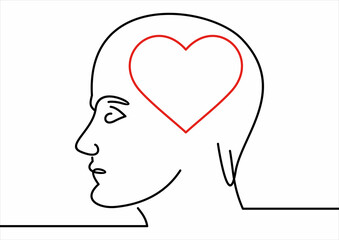 man's profile with heart on brain place isolated on white background.