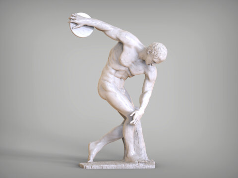 Myron Discobolus sculpture. The discobolus thrower statue in the side view. A part of the ancient Olymp games. 