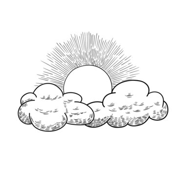 The sky, the sun peeks out from behind the clouds. Doodle style vector sketch isolated on white background.