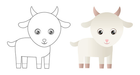 Goat coloring page. Cute farm animals coloring book for kids. Cartoon vector  outline baby animals.
