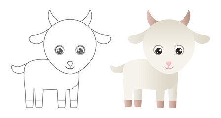Goat coloring page. Cute farm animals coloring book for kids. Cartoon vector  outline baby animals.