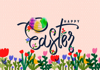 Easter text logotype, badge and icon. Drawn Happy Easter greeting card, poster, holiday cover, web banner template lettering typography. Happy Easter, bunnie, flowers and gold egg.