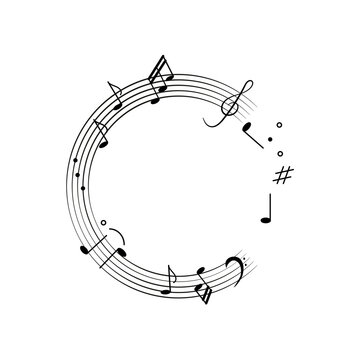 Music background doodle notes as round frame. Vector illustration with melody symbols, musical notes, treble clef in black on a white background for design decoration.