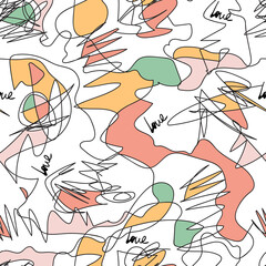 Vector abstract seamless scribble background in bright summer retro colors. Hand drawn modern cartoon pattern with randomly arranged spots and dots and lines. Art kids chaos backdrop.