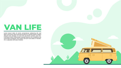Fototapeta na wymiar Van life web template . Combi with a surfboard with a sunset background. Van life vector. traveling by van. Mobile home. camping. trailer. ride. Post template