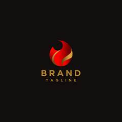 Iconic flame logo design with gold line details. Minimalistic fire icon logo design with oil outline detail.