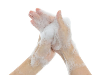 Woman rubbing palm on white background