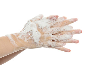 Fototapeta premium Woman rubbing fingers on white background