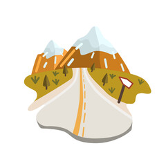 Vector illustration of the road to the mountains. Illustration of a road with a pointer towards two mountains with snow peaks, fir trees