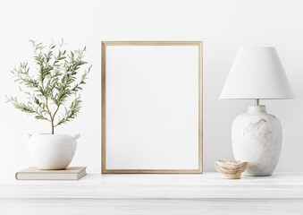 Painting art mockup with empty vertical wooden frame standing in simple traditional home interior with small olive tree and classic marble lamp on white background. Illustration, 3d rendering