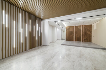interior of a modern stylish reception with lighting and wood