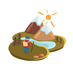Vector illustration of a man with a backpack ascending to the mountains and lake. Tourist illustration in cartoon style.