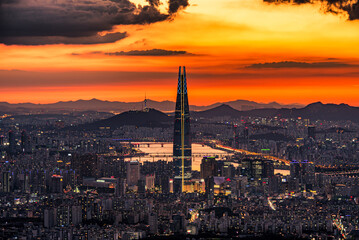 sunset over the city Seoul, South Korea.