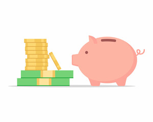 piggy bank and coins.Money. piggy bank with stack of coins and money, Flat money illustration icon on white background