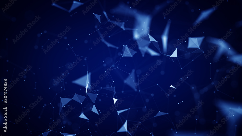 Poster Technology digital data network with dots and lines, Globe social network and blockchain abstract background 3d rendering